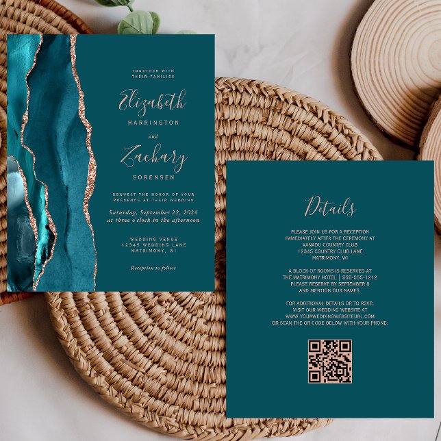 Budget Teal Agate Rose Gold QR Code Wedding Invite (Skapare uppladdad)