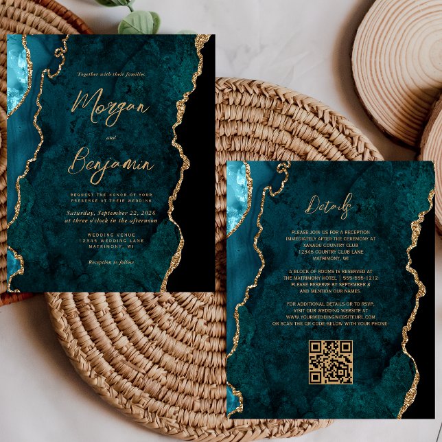 Budget Teal Agate Script QR Code Wedding bjudande  (Skapare uppladdad)