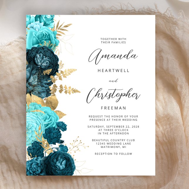 Budget Teal Aqua Blommig Guld Script Bröllopsinbju (Skapare uppladdad)
