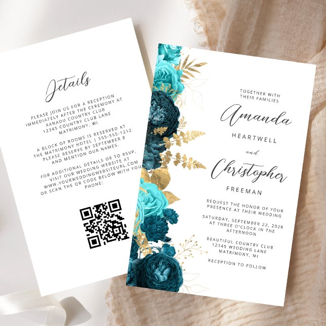 Budget Teal Aqua Guld Blommig QR-kod Bröllop (Skapare uppladdad)