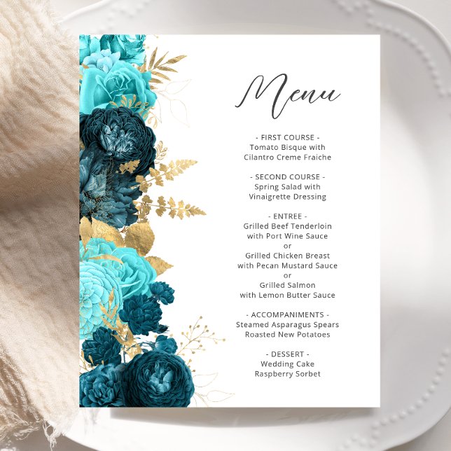 Budget Teal Aqua Guld Blommig Script Bröllopsmeny (Skapare uppladdad)