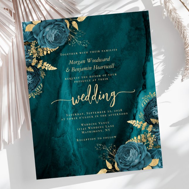 Budget Teal Blå Guld Blommig Bröllopsinbjudan (Skapare uppladdad)