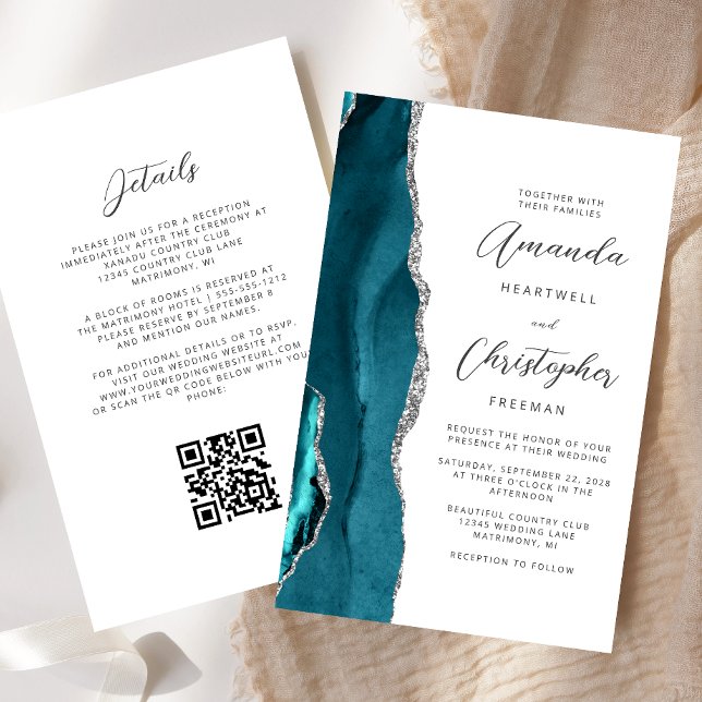 Budget Teal Blå Silver Agat QR-kod Bröllop (Skapare uppladdad)
