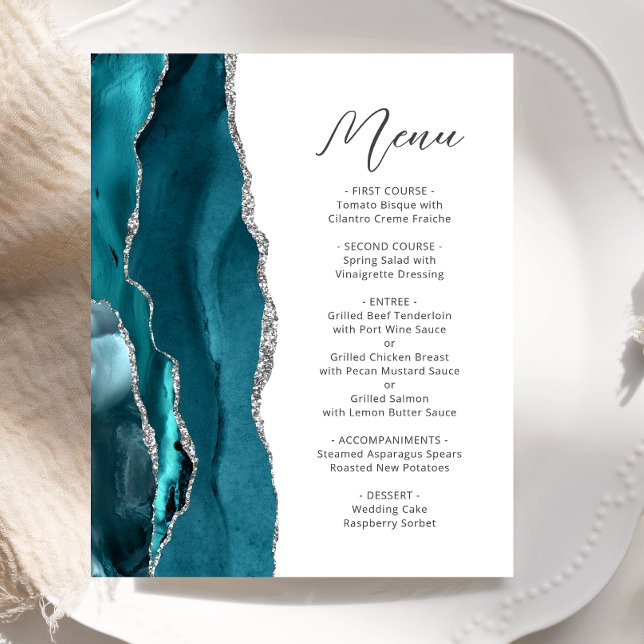 Budget Teal Blå Silver Agat Script Bröllopsmeny (Skapare uppladdad)