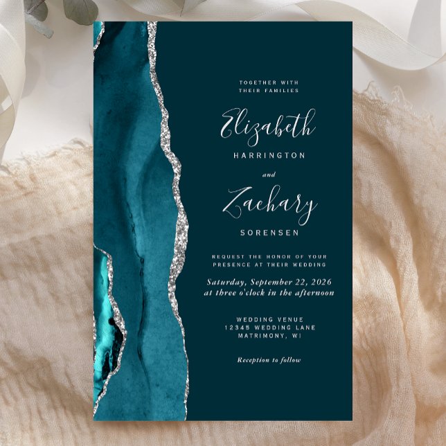 Budget Teal Blå Silver Agate Bröllopsinbjudan (Skapare uppladdad)