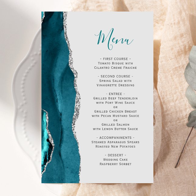 Budget Teal Blå Silver Agate Grå Bröllopsmeny (Skapare uppladdad)