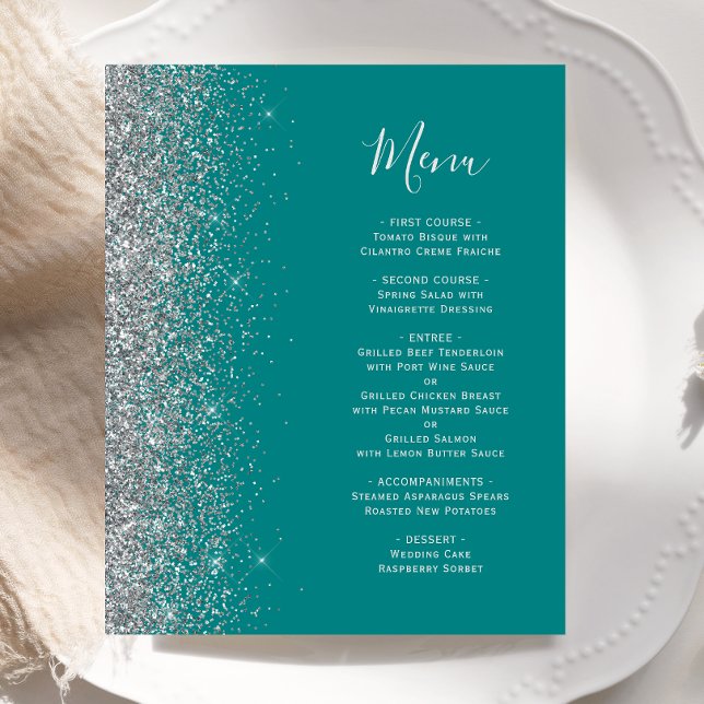 Budget Teal Blå Silver Glitter Kant Bröllopsmeny (Skapare uppladdad)