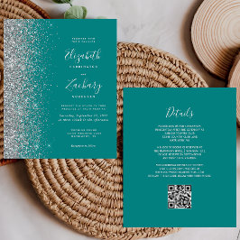 Budget Teal Blå Silver Glitter QR-kod Bröllop