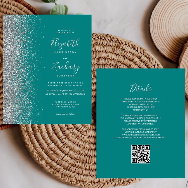Budget Teal Blå Silver Glitter QR-kod Bröllop (Skapare uppladdad)