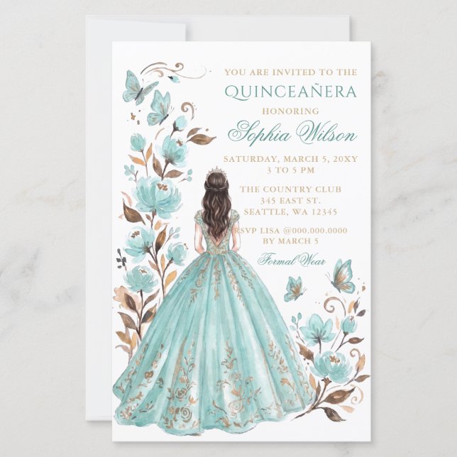 Budget Teal Blommig Prinsessa Fjäril Quinceañera (Framsida)
