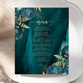 Budget Teal Blue Guld Blommigt Bröllop Menu