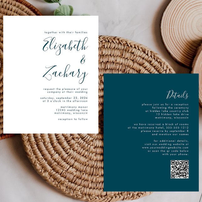 Budget Teal Blue Script QR Code Wedding bjudande i (Skapare uppladdad)