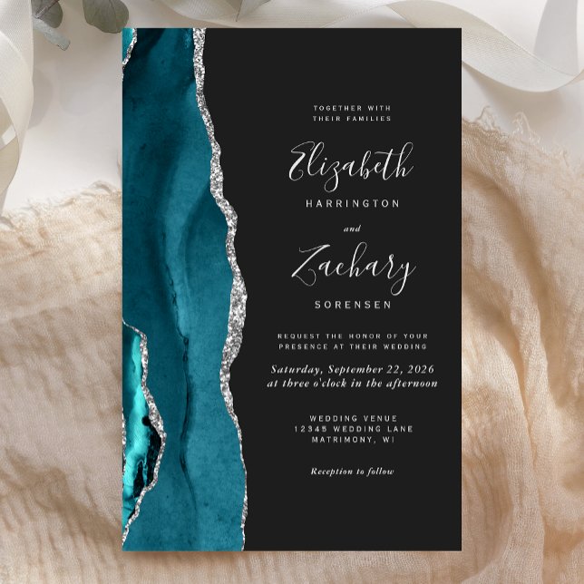 Budget Teal Blue Silver Agate Dark Wedding Invite (Skapare uppladdad)