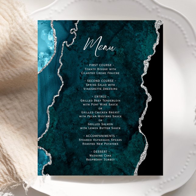Budget Teal Blue Silver Agate Wedding Menu (Skapare uppladdad)