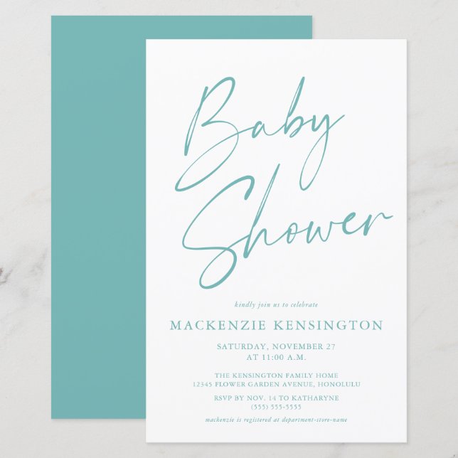 Budget Teal Blue Simple Script Baby Shower (Fram/baksida)