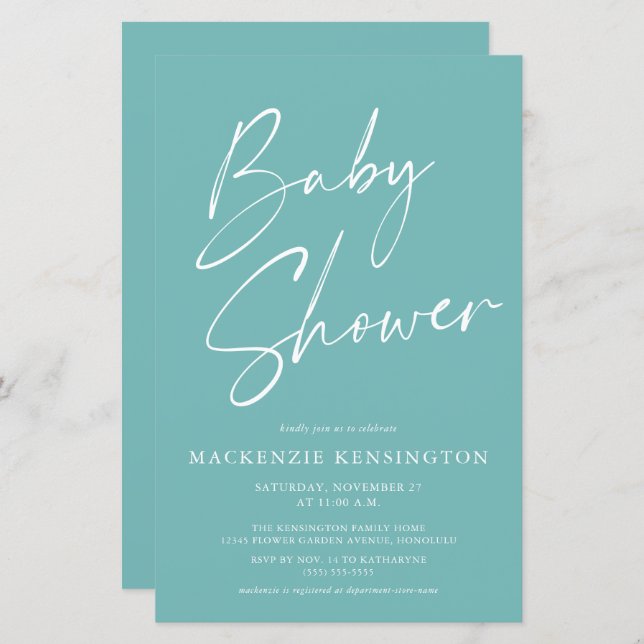Budget Teal Blue Simple Script Baby Shower (Fram/baksida)