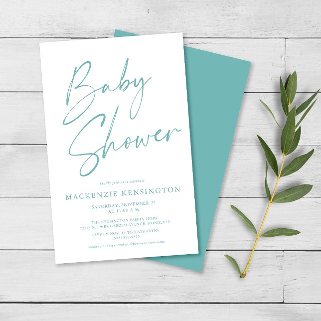 Budget Teal Blue Simple Script Baby Shower FLYER (Skapare uppladdad)