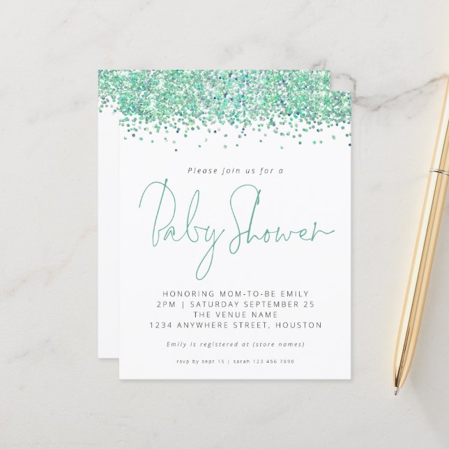 Budget Teal Glitter Baby Shower-inbjudan (Fram/Back In Situ)