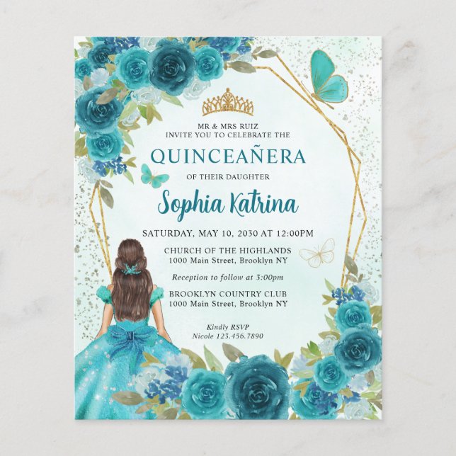 Budget Teal Grönt Guld Blommigt Princess Quinceañe (Framsida)