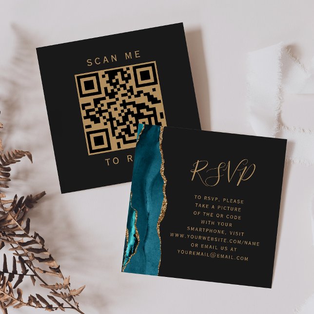 Budget Teal Guld Agat Mörk Bröllops QR-kod RSVP Tilläggskort (Skapare uppladdad)
