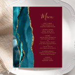 Budget Teal Guld Agate Burgundy Bröllop Menu<br><div class="desc">Den moderna bröllop-menyn på den lämnat kant i eleganten har en färgad vattenfärgad tårblåfärgad gräns som trimmas med faux guld glitter. Anpassadet kombinerar handskriftsskript för guld-färgad och kopparplåt typsnitt på en burgundisk bakgrund. Den omvända sidan har en passande teal och guld agate-design.</div>