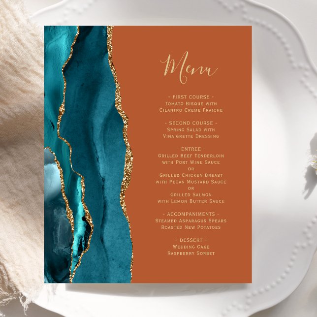 Budget Teal Guld Agate Burnt Orange Bröllop Menu (Skapare uppladdad)