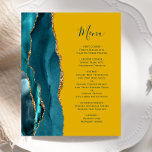 Budget Teal Guld Agate Mustard Gult Bröllop Menu<br><div class="desc">Den moderna bröllop-menyn på den lämnat kant i eleganten har en färgad vattenfärgad tårblåfärgad gräns som trimmas med faux guld glitter. Anpassadet kombinerar handskriftsskript för mörk och typsnitt på trendiget senapsbakgrund för gult. Den omvända sidan har en passande teal och guld agate-design.</div>