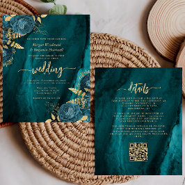 Budget Teal Guld Blommig QR-kod Bröllopsinbjudan