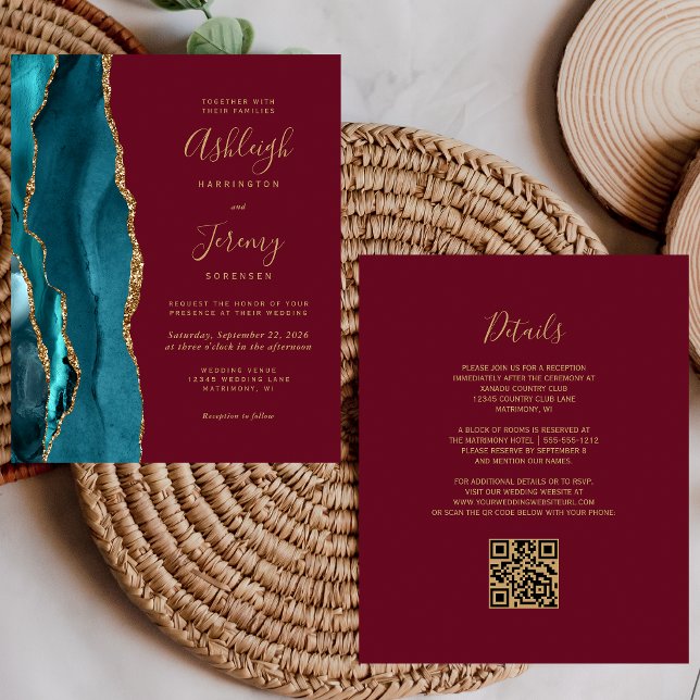 Budget Teal Guld Burgundy QR-kod Bröllopsinbjudan (Skapare uppladdad)