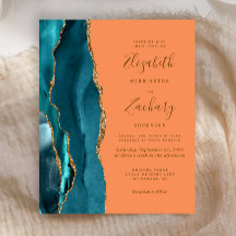 Budget Teal Guld Tangerine Agate bröllopsinbjudan
