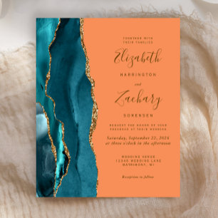 Budget Teal Guld Tangerine Agate bröllopsinbjudan