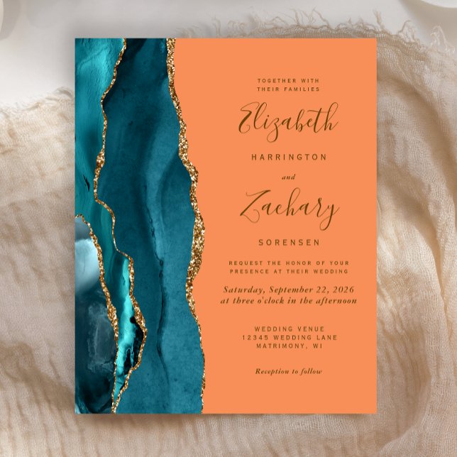 Budget Teal Guld Tangerine Agate bröllopsinbjudan (Skapare uppladdad)