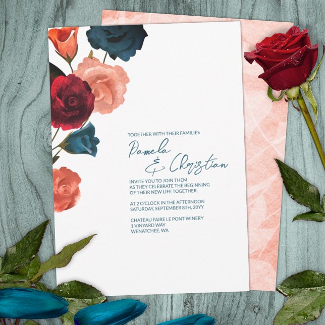 Budget Teal, Red, Sangria Ro bröllopsinbjudan Inbjudningar (summer sangria berry wine red rose gold wedding color palette invitations roses botanical garden)