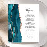 Budget Teal Ro Guld Agate Bröllop Menu<br><div class="desc">Den lämnat kant i eleganten i den moderna bröllopsinbjudan har en tårblått vattenfärgsagat gräns som trimmas med faux ro guld glitter. I anpassadet kombineras handskriftsskript för kol-grått och typsnitt på vit bakgrund. Den omvända sidan har en passande teal och ro guld agate-design.</div>