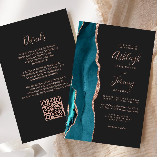 Budget Teal Rosa Guld Mörk QR-kod Bröllopsinbjudan (Skapare uppladdad)