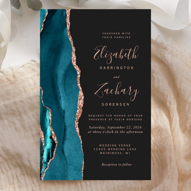 Budget Teal Rose Gold Agate Dark Wedding Invite (Skapare uppladdad)