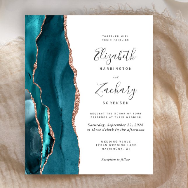 Budget Teal Rose Gold Agate Wedding Invitation (Skapare uppladdad)