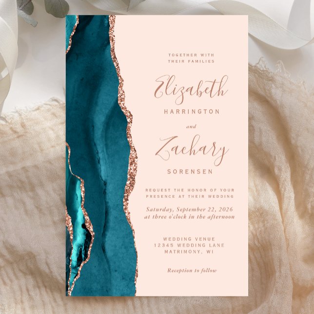 Budget Teal Rose Gold Agate Wedding Invitation (Skapare uppladdad)