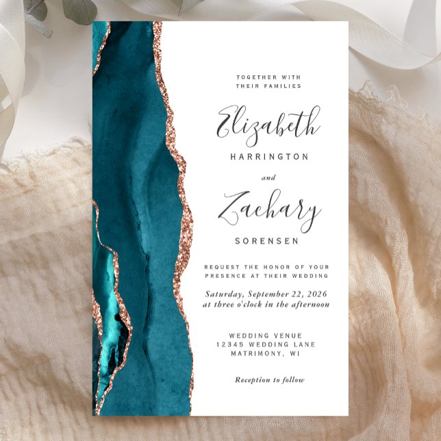 Budget Teal Rose Gold Agate Wedding Invitation (Skapare uppladdad)