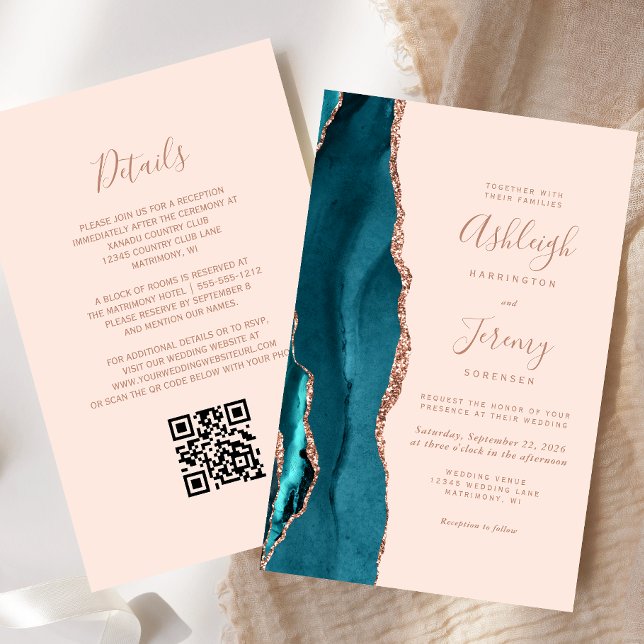 Budget Teal Rose Gold Blush QR Code Wedding Invite (Skapare uppladdad)