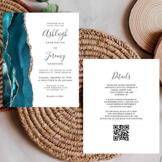 Budget Teal Rose Gold QR Code Wedding Invitation (Skapare uppladdad)