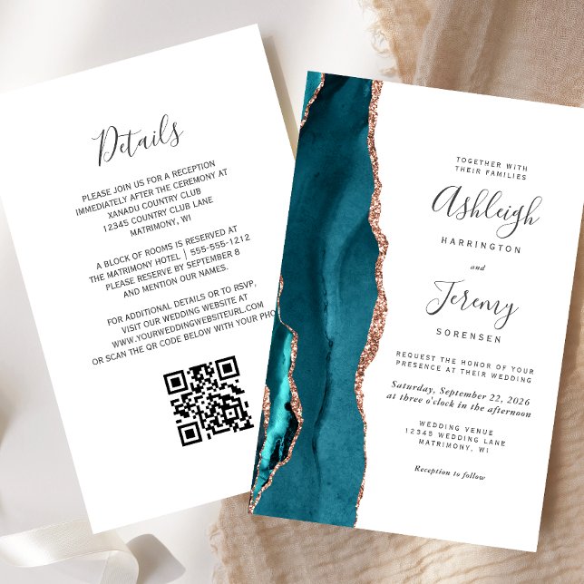Budget Teal Rose Gold QR Code Wedding Invitation (Skapare uppladdad)