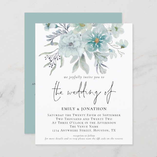 Budget Teal Sea Mist QR-Blommigtar Bröllbjudan (Fram/baksida)