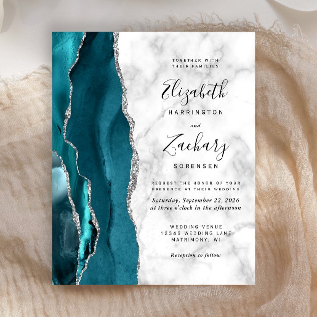 Budget Teal Silver Agate Marble Bröllopsinbjudan (Skapare uppladdad)