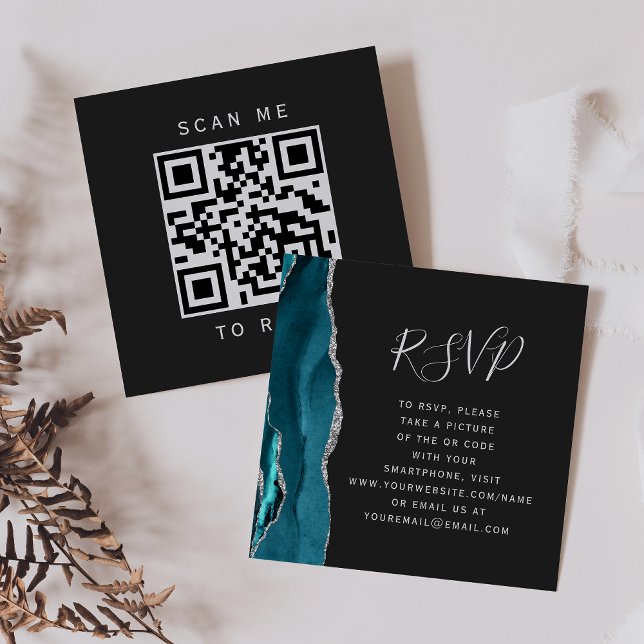 Budget Teal Silver Agate Mörkt Bröllop QR-kod RSVP Tilläggskort (Skapare uppladdad)