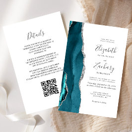 Budget Teal Silver Agate QR Code Wedding bjudande 