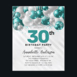 Budget Teal Silver Balloon Glitter 30års födelseda<br><div class="desc">Modern Glam Teal Grönt Silver Balloon Glitter Gnistra vid födelsedag</div>