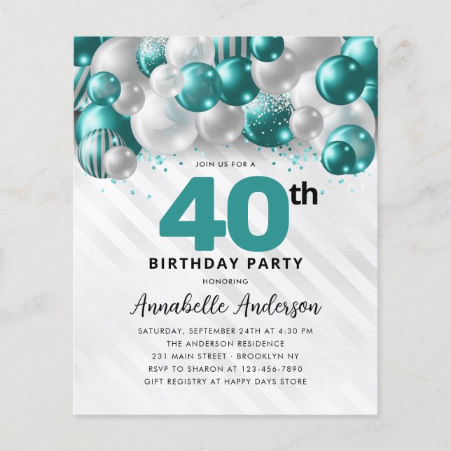 Budget Teal Silver Balloon Glitter 40:e födelsedag (Framsida)