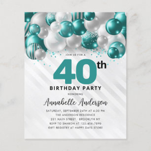 Budget Teal Silver Balloon Glitter 40:e födelsedag