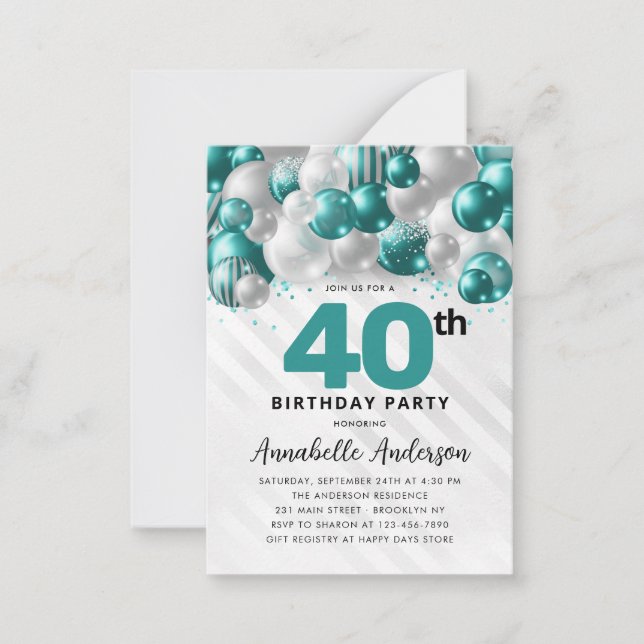 Budget Teal Silver Balloon Glitter 40:e födelsedag Anteckningskort (Framsida)